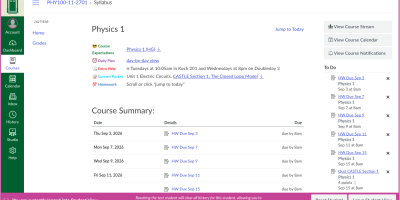 A screenshot from Canvas Learning Management System. At the top left is the course title, Physics 1. Beneath it are five colored labels: Course Expectations, Daily Plain, Extra Help, Current Packet, and Homework.